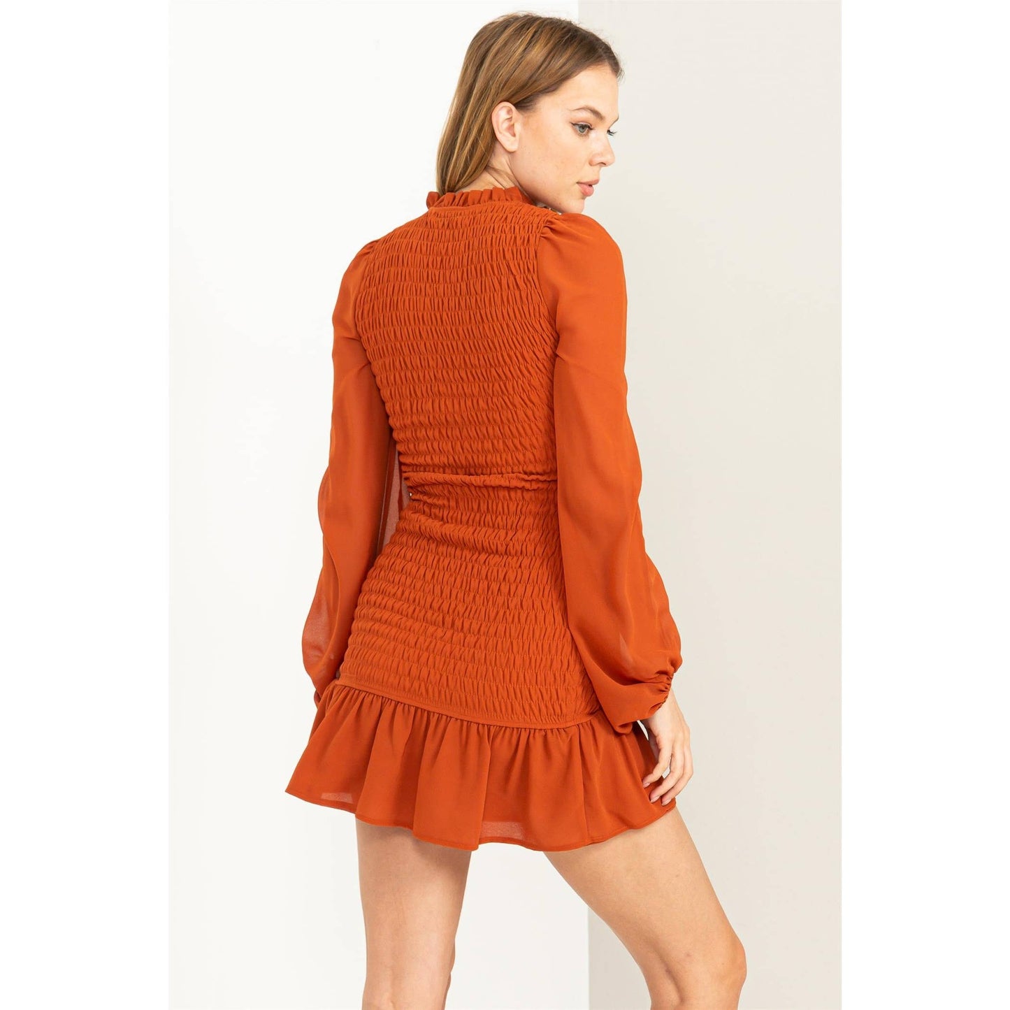 SMOCKED RUFFLED MINI DRESS