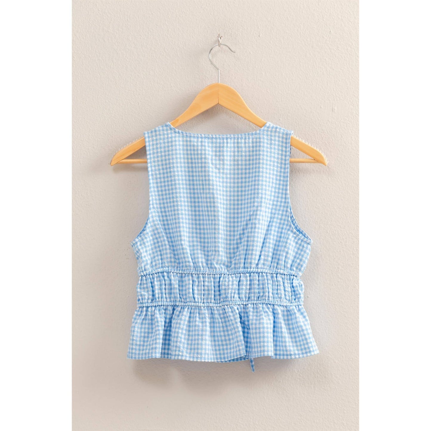 V-Neck Bow Detail Sleeveless Gingham Top