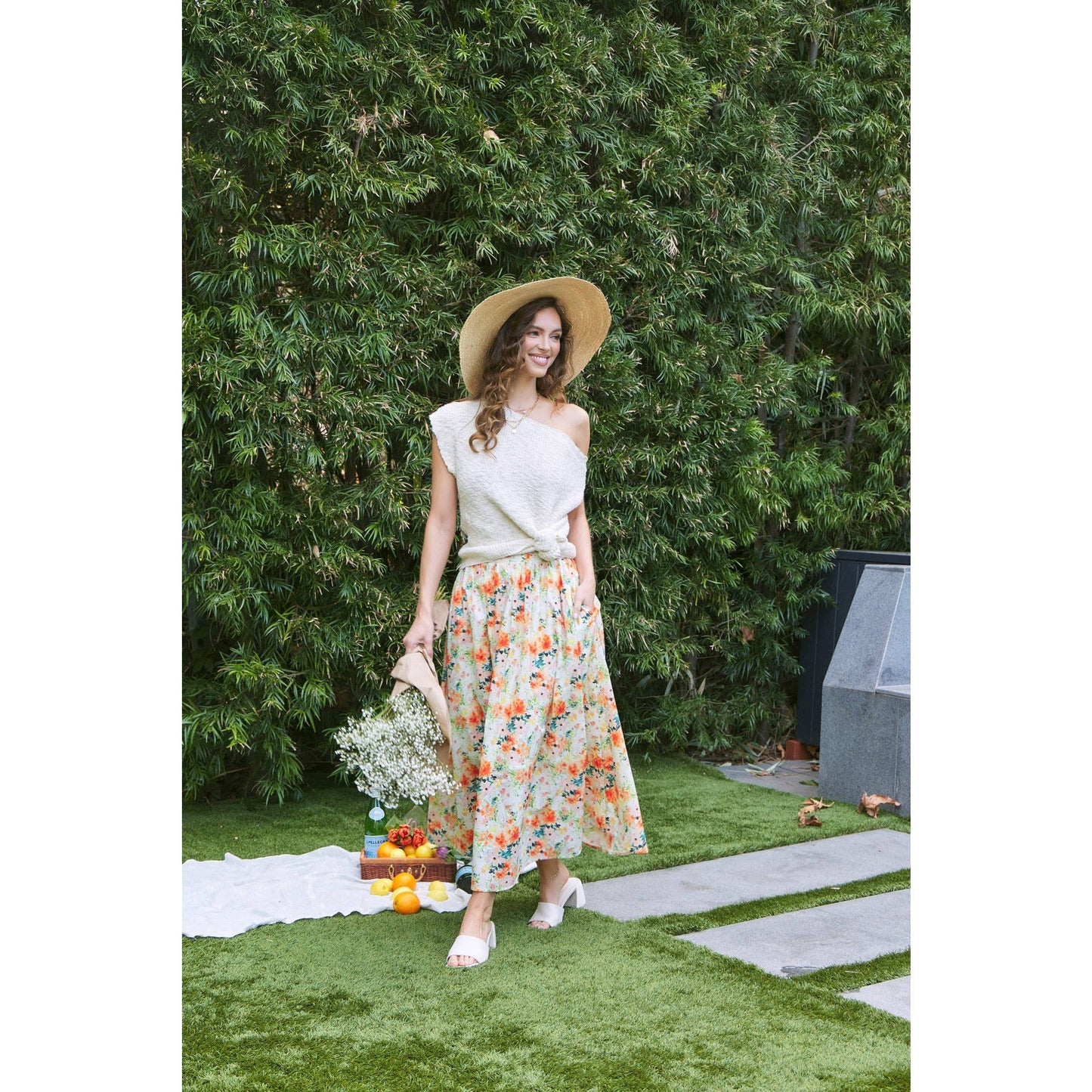 FLORAL MAXI SKIRT WITH POCKETS AND ELASTIC BAND
