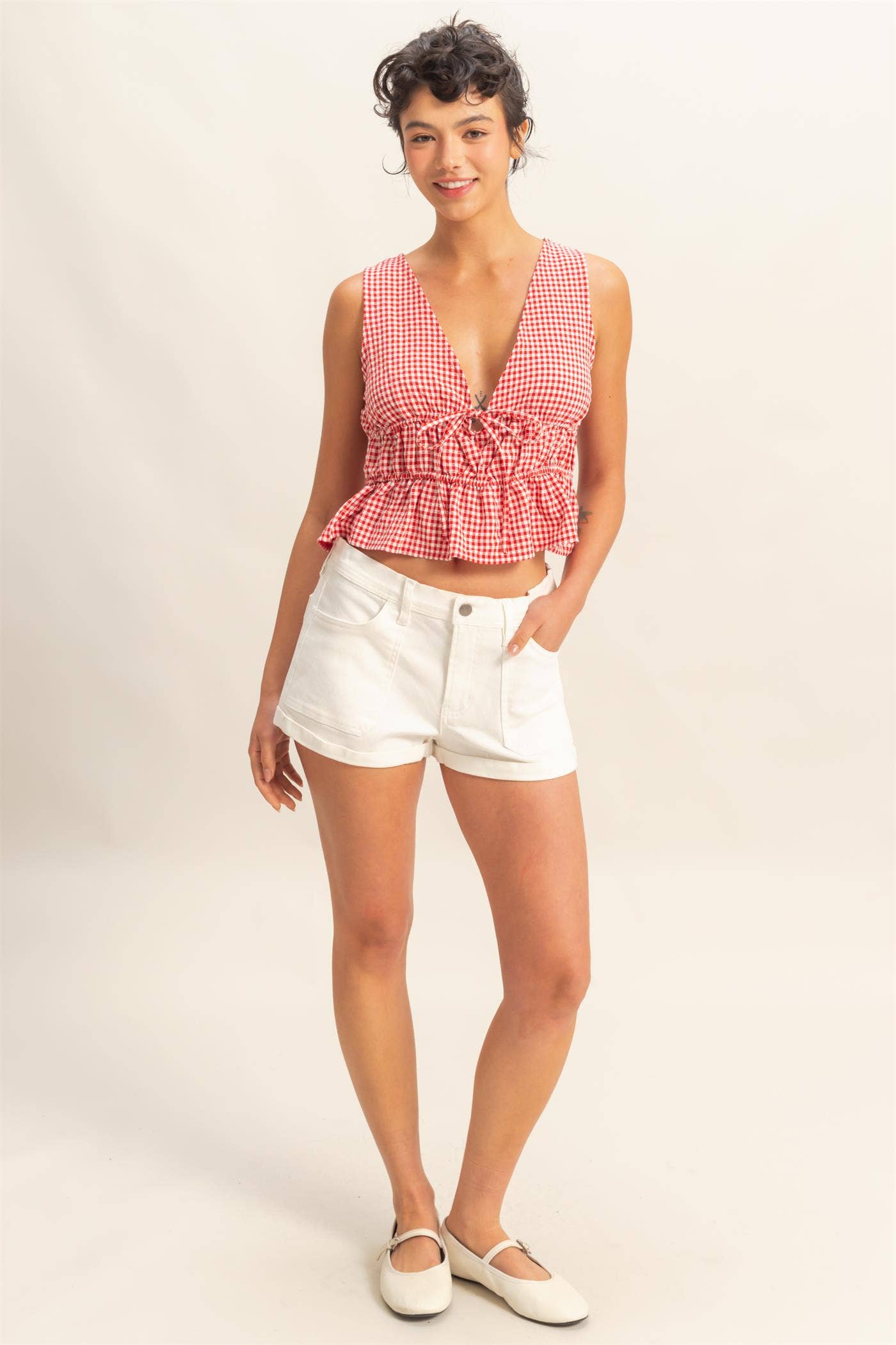 V-Neck Bow Detail Sleeveless Gingham Top