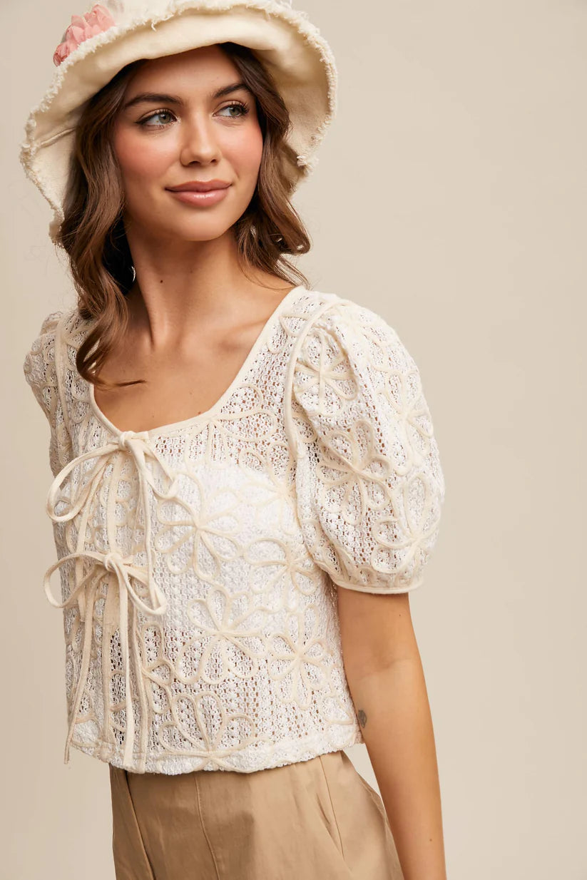 Embroidery Crochet Lace Puff Sleeve Blouse