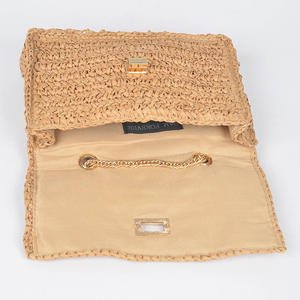 Faux Straw Flap Chain Shoulder Clutch