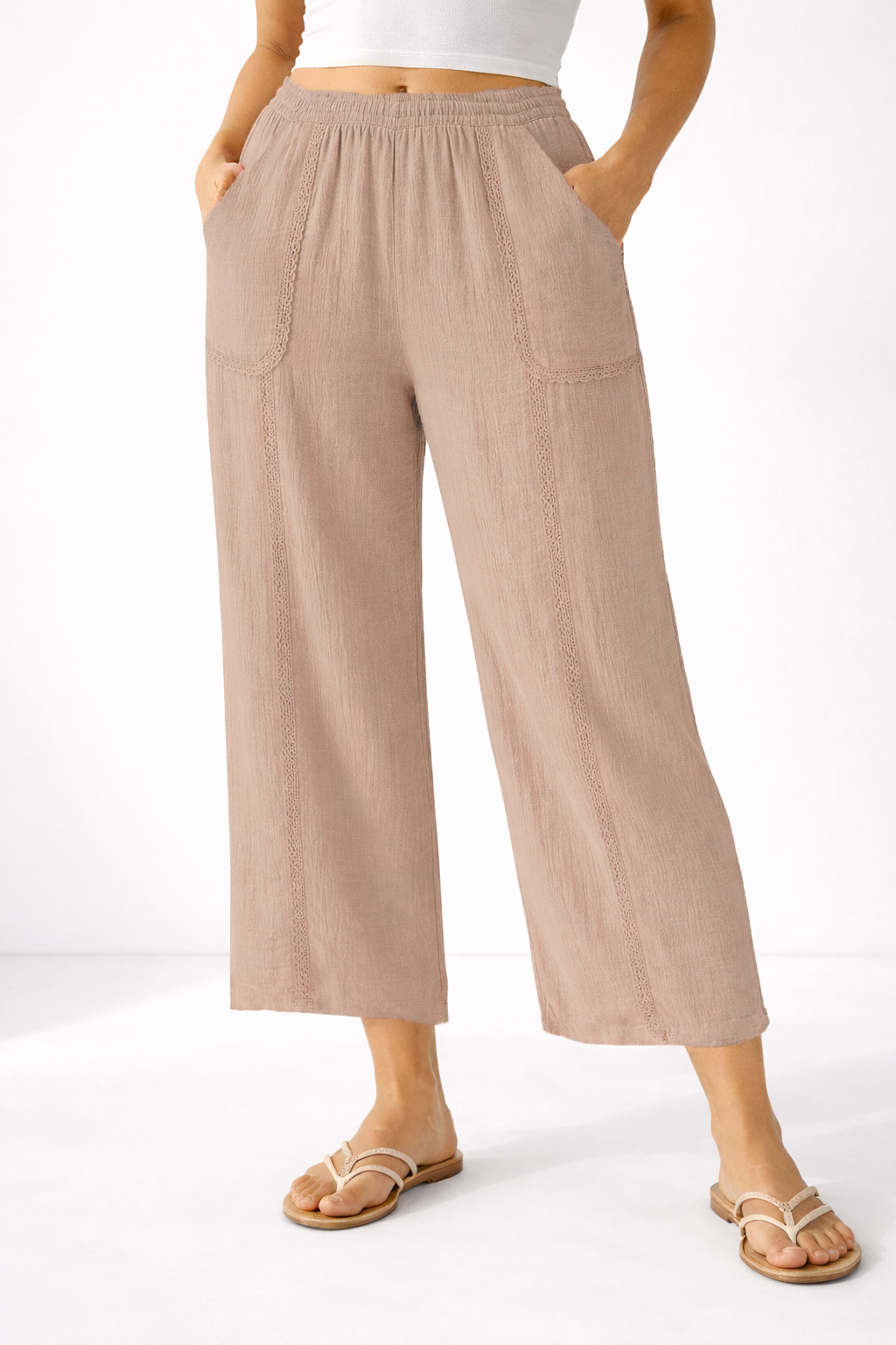 Cotton Gauze Cropped Wide Leg Pant w/ Crochet Lace Trim