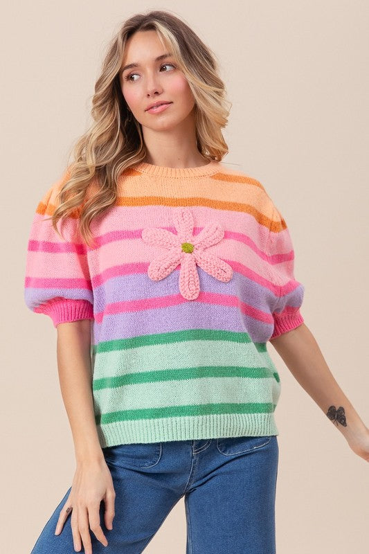 FLOWER PATCH PUFF SLEEVE SWEATER