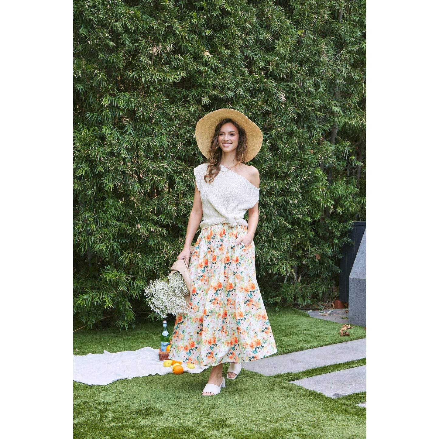 FLORAL MAXI SKIRT WITH POCKETS AND ELASTIC BAND