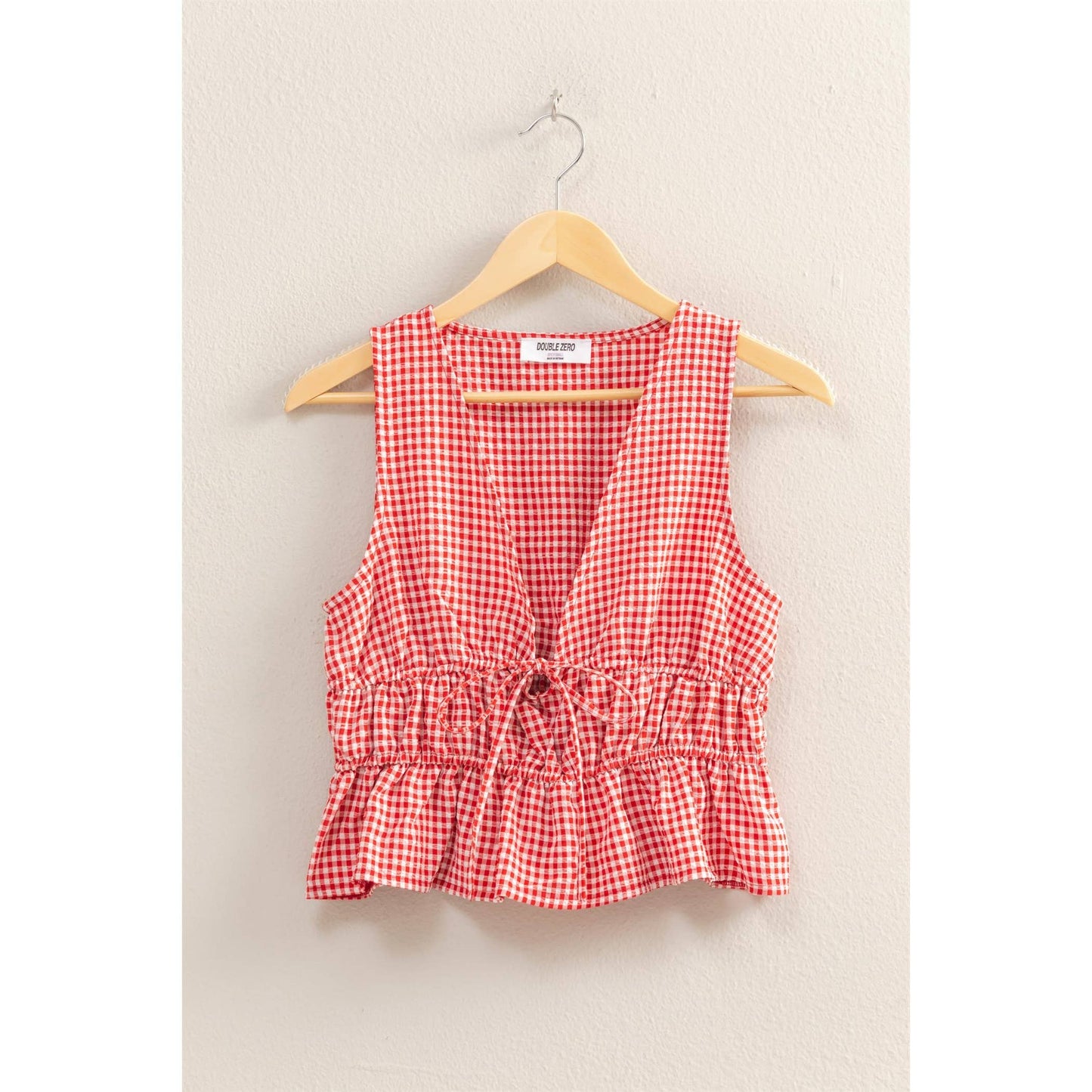 V-Neck Bow Detail Sleeveless Gingham Top