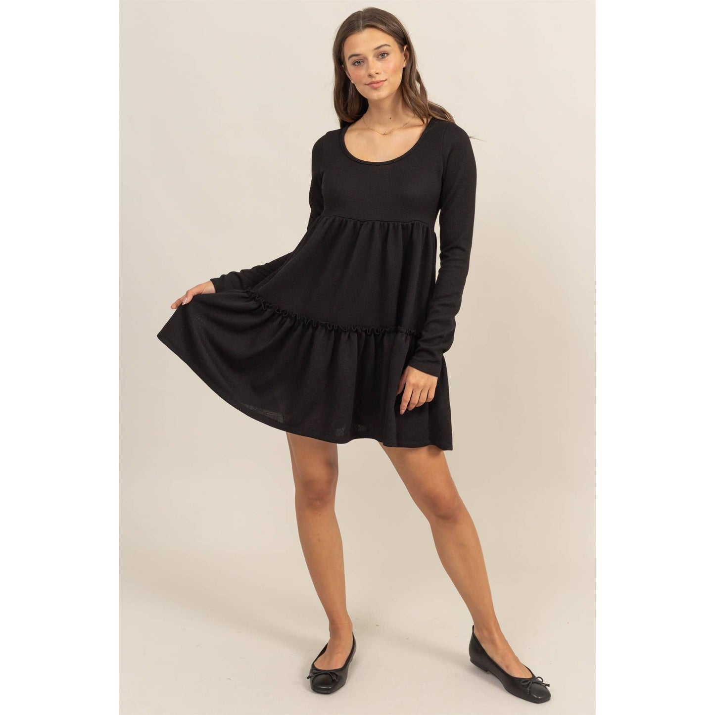 RIB BABYDOLL TIERED MINI DRESS