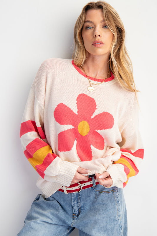 EASEL PLUS SIZE-DAISY KNIT IVORY SWEATER PULLOVER