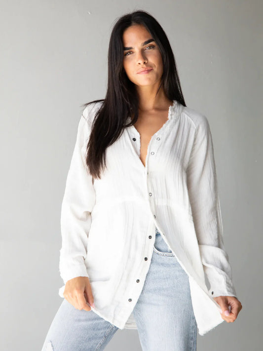 Natural Life Laid Back Cotton Button Down Top-White