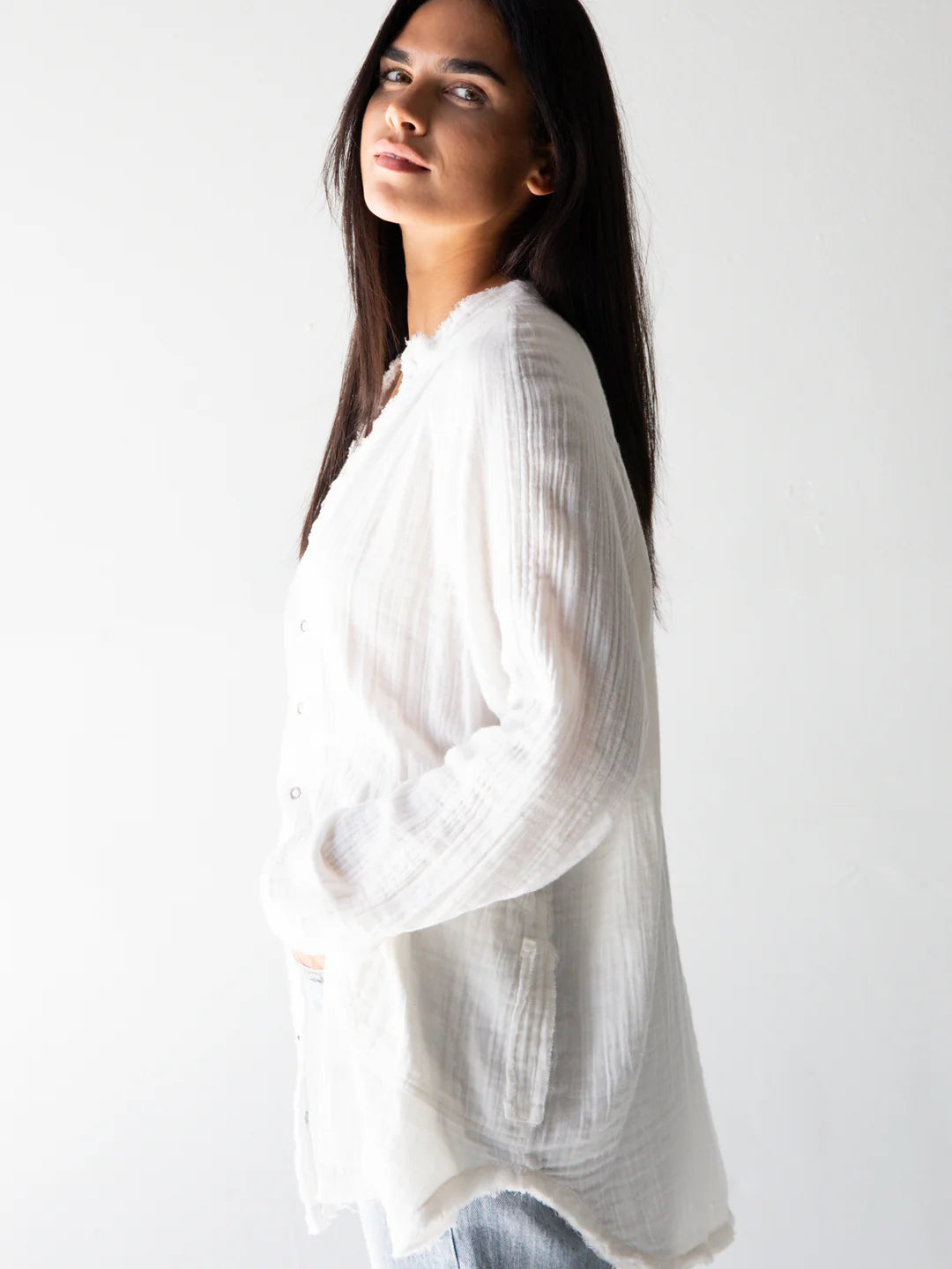 Natural Life Laid Back Cotton Button Down Top-White