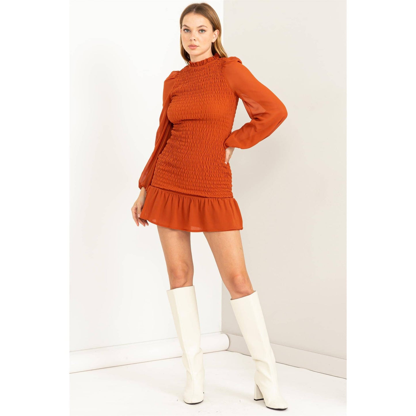 SMOCKED RUFFLED MINI DRESS