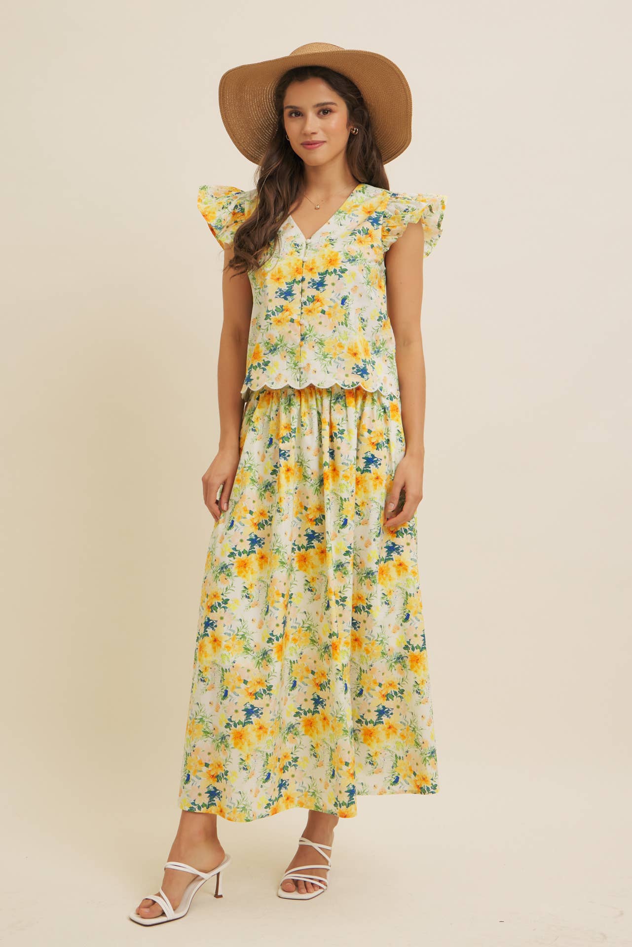 FLORAL MAXI SKIRT WITH POCKETS AND ELASTIC BAND