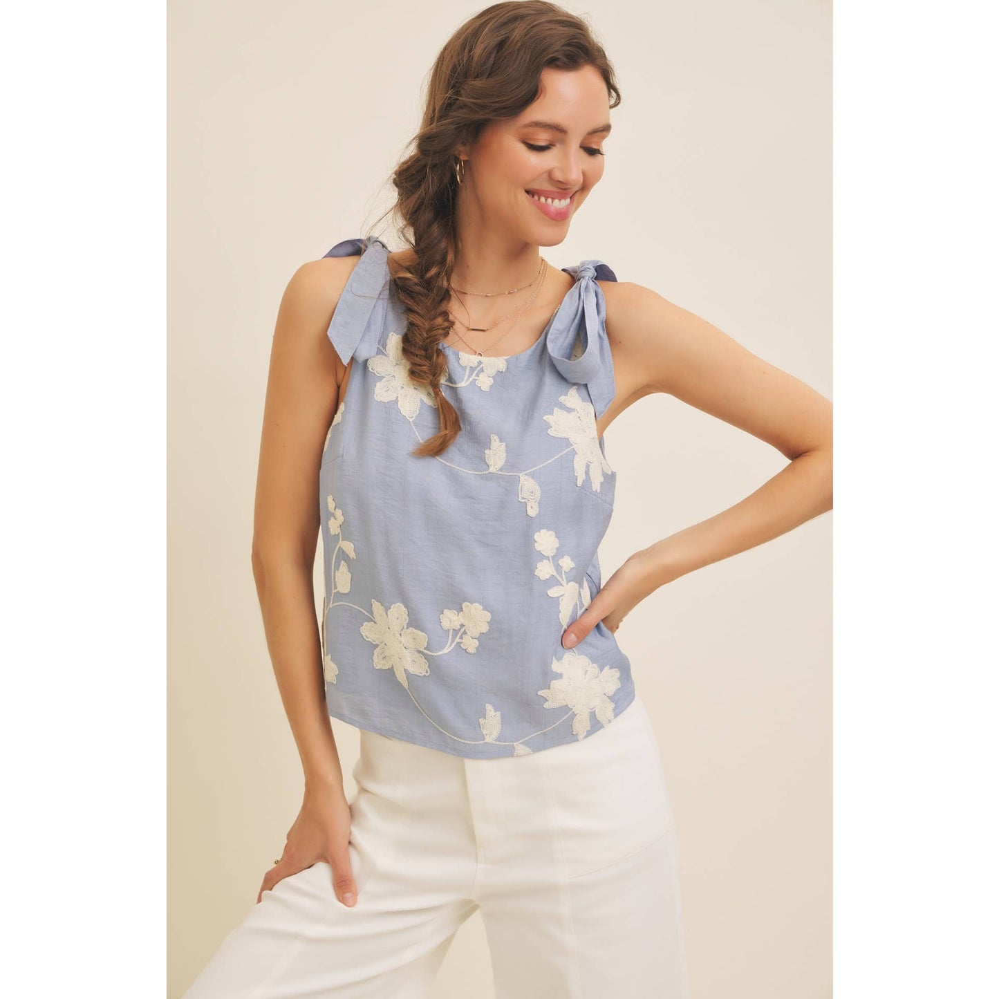 ROMANTIC EMBROIDERY BLOUSE TOP WITH BOW STRAPS