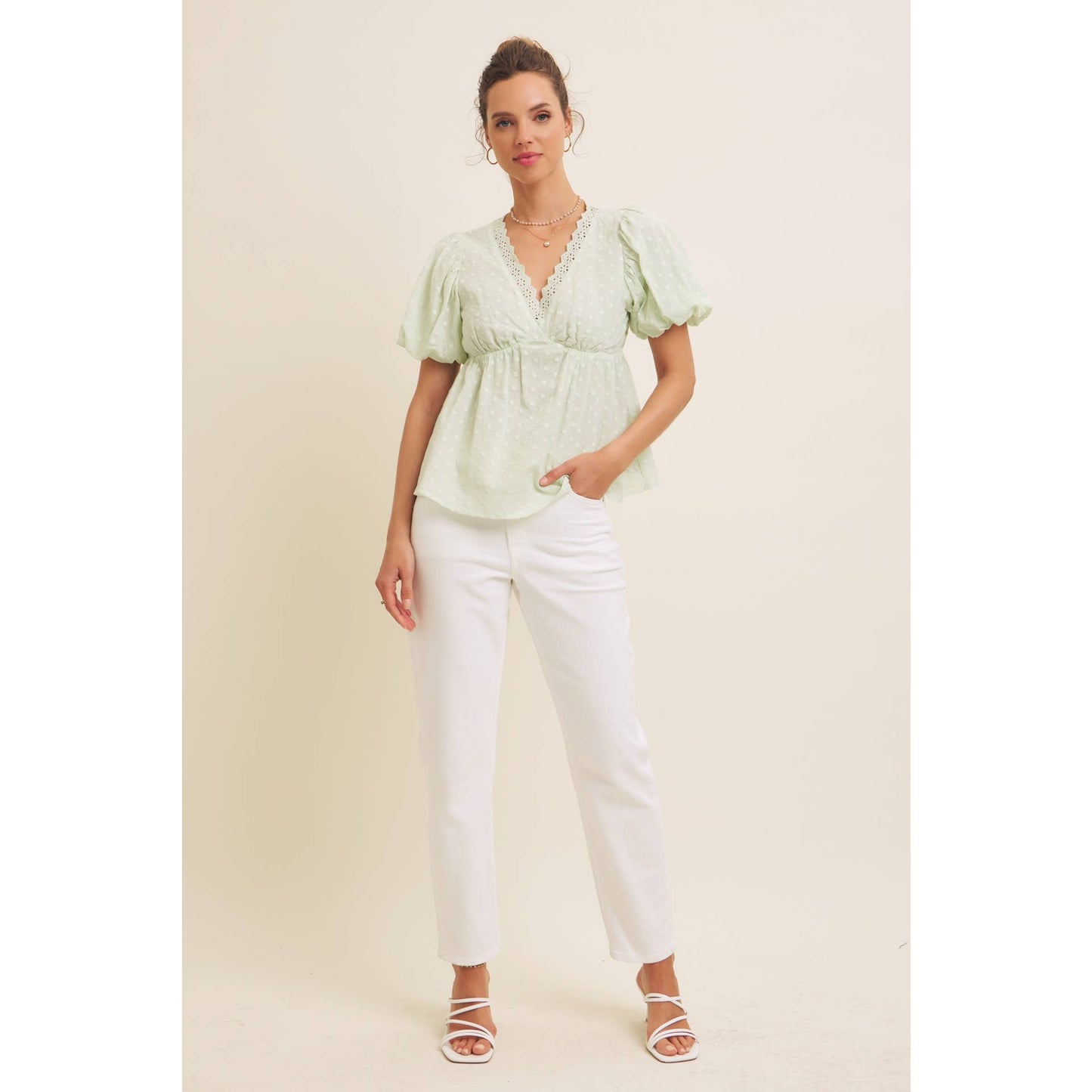 SCALLOP TRIM V-NECK EYELET BLOUSE WITH BUBBLE SLEEVES