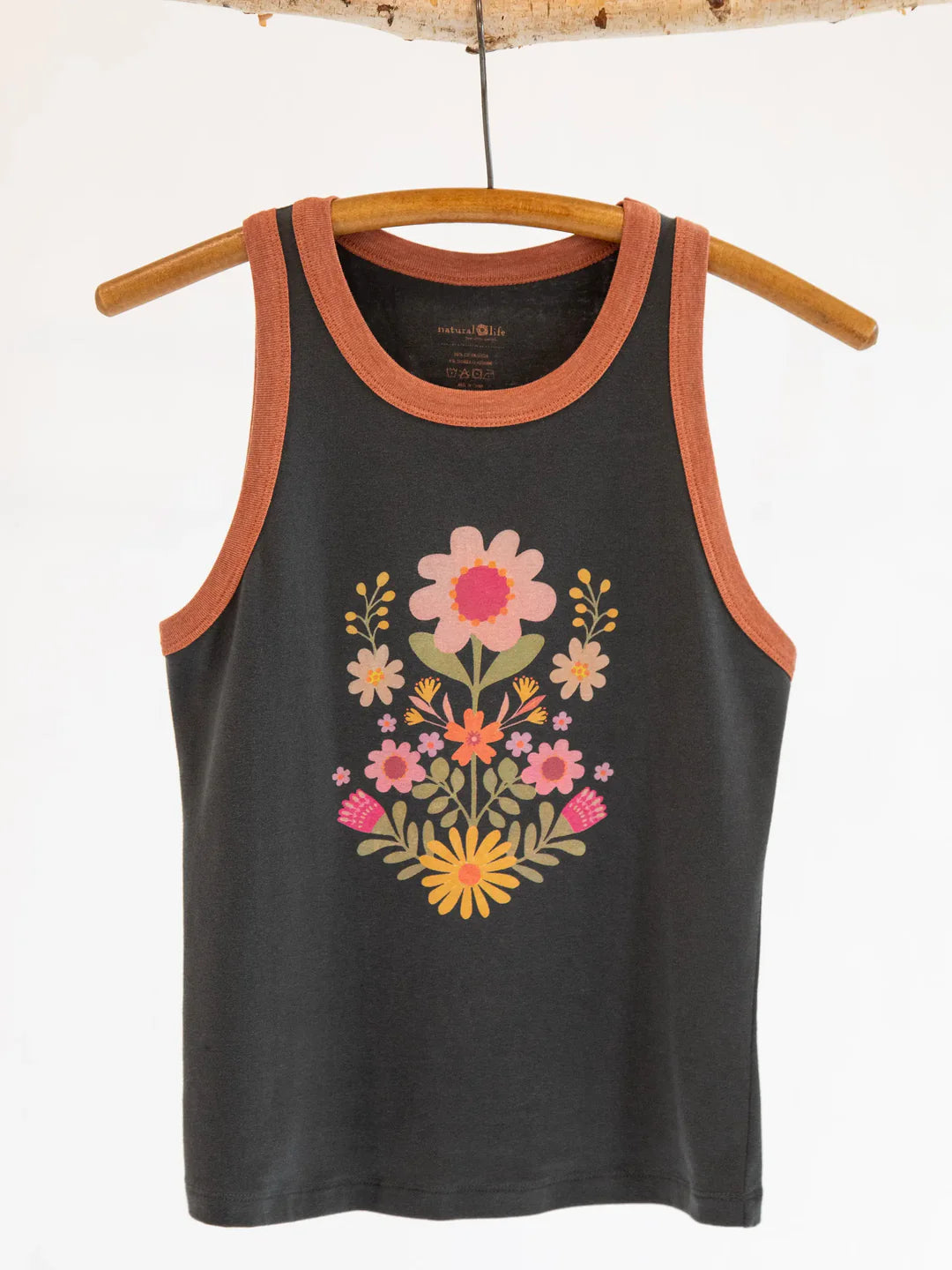 Natural Life Ringer Tank Top-Charcoal Folk Flower