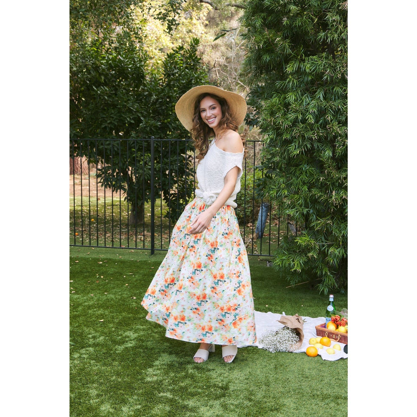 FLORAL MAXI SKIRT WITH POCKETS AND ELASTIC BAND