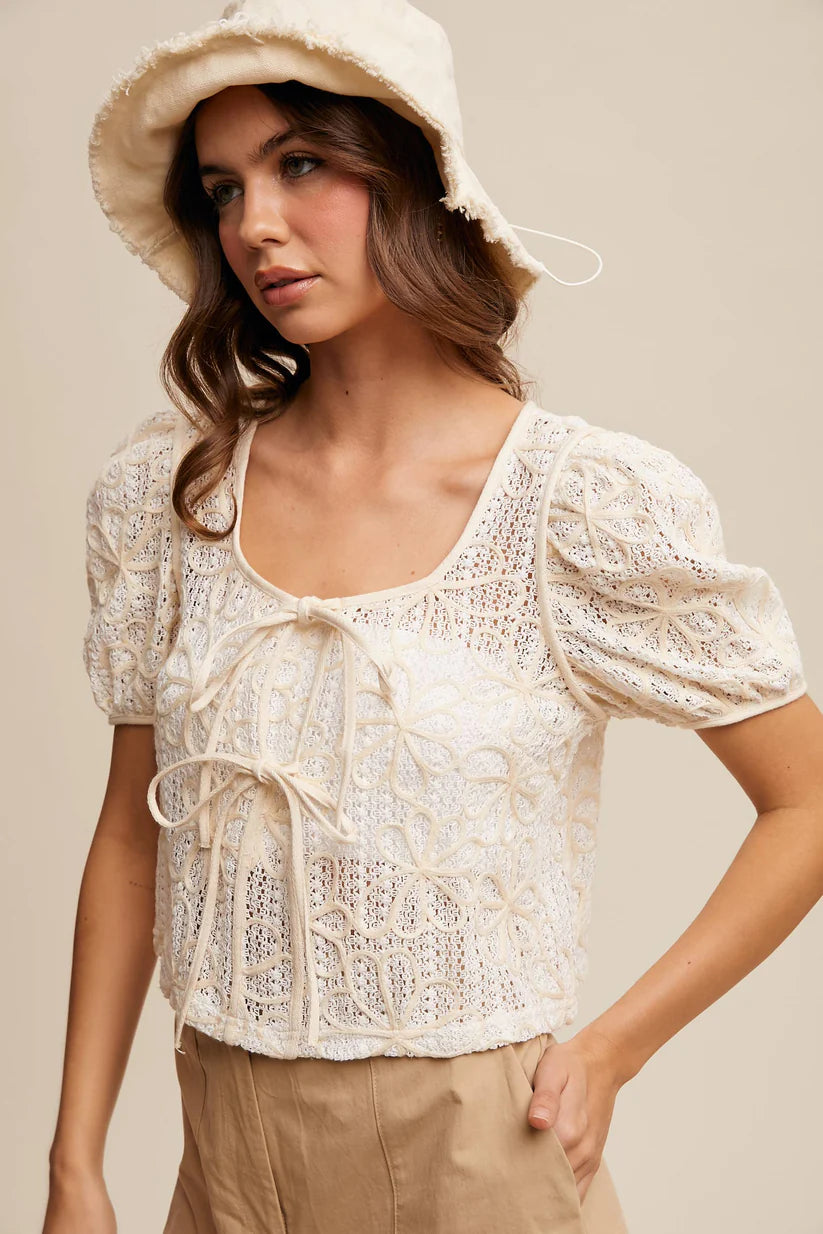 Embroidery Crochet Lace Puff Sleeve Blouse