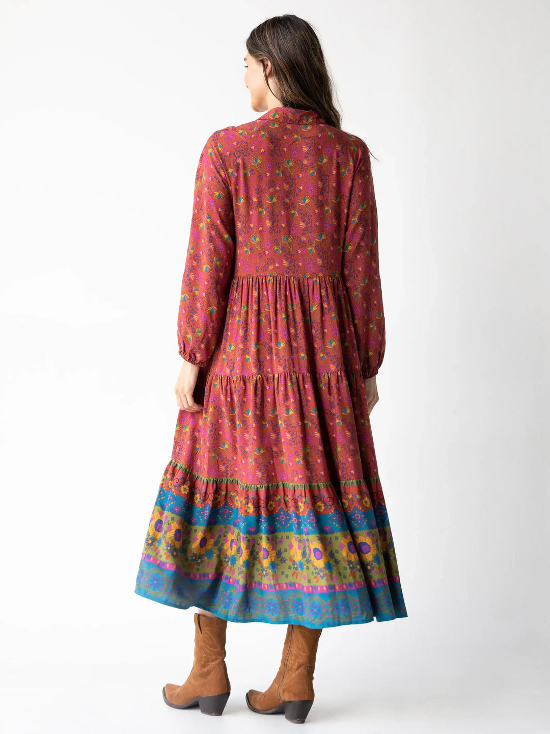 Natural Life Rebecca Long Sleeve Midi Dress-Sunflowers Red Clay