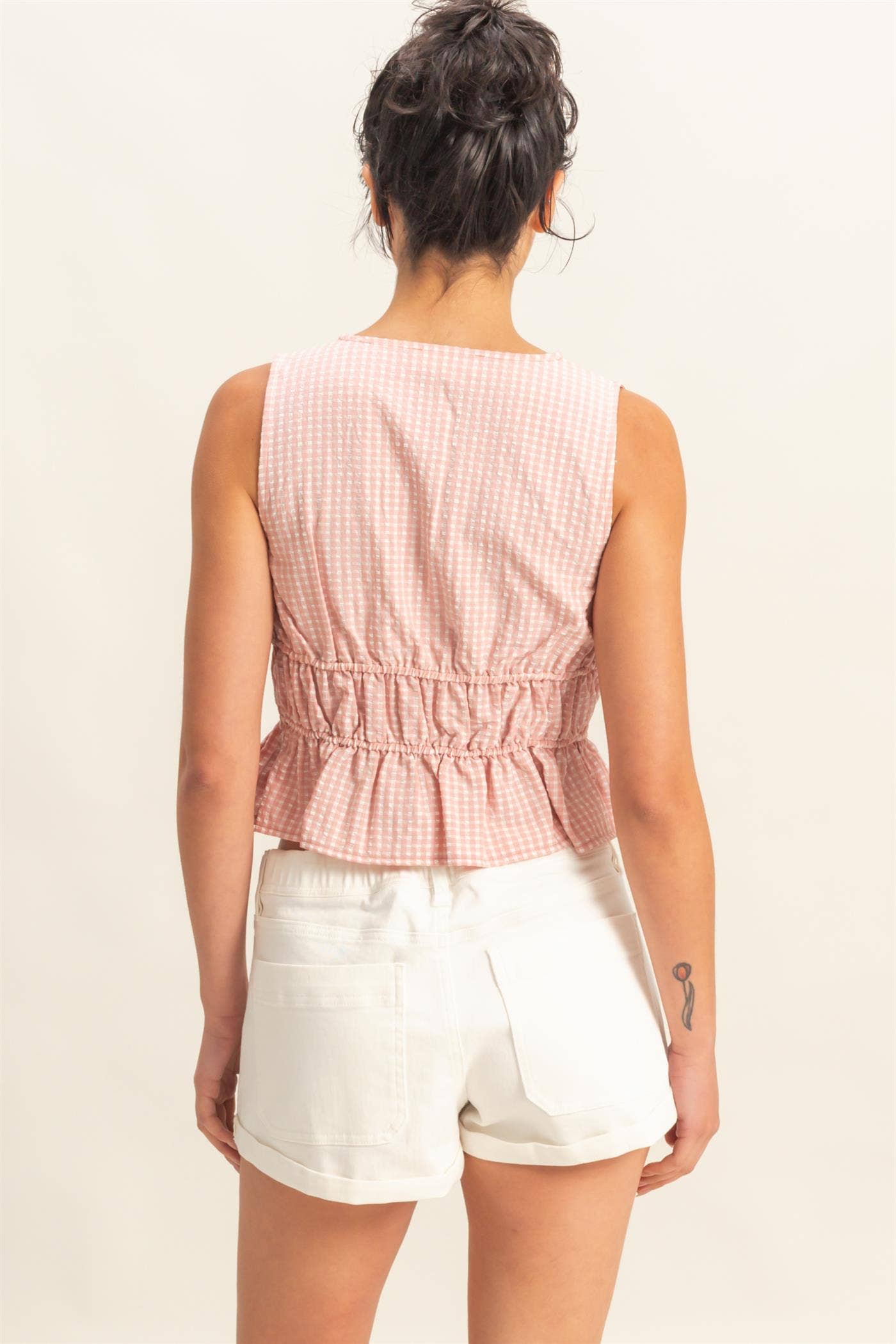 V-Neck Bow Detail Sleeveless Gingham Top