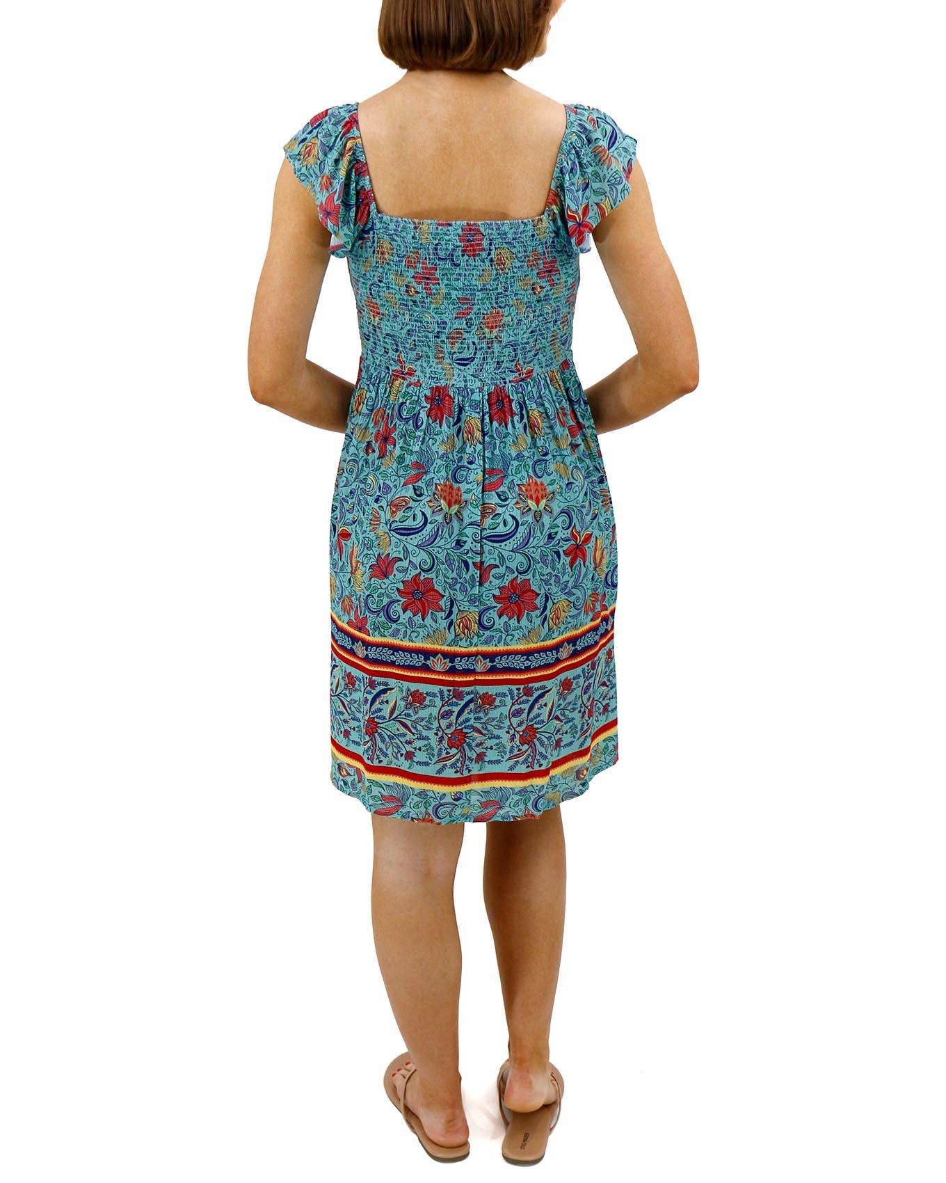Border Print Smocked Dress in Blue Floral Print