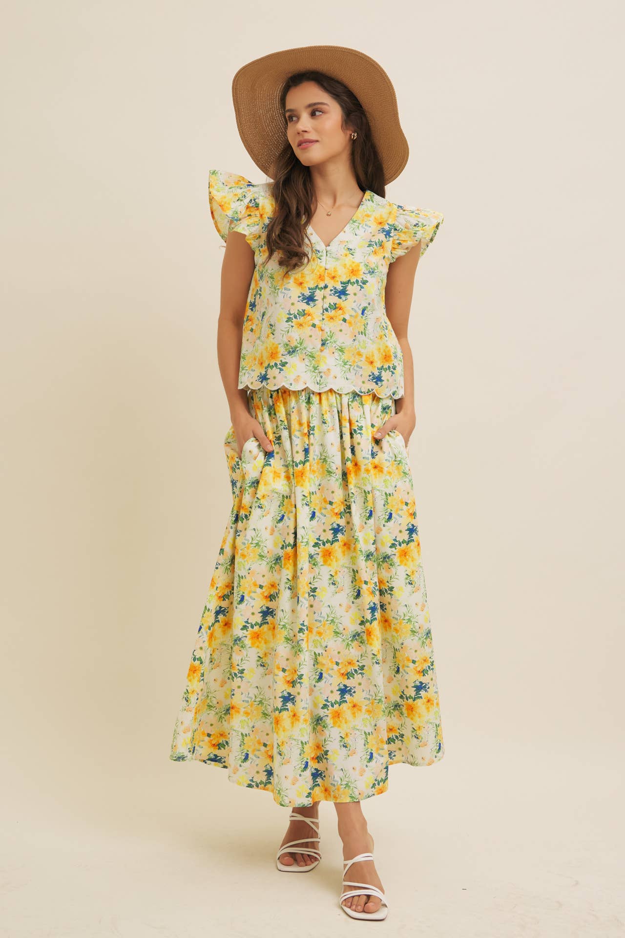 FLORAL MAXI SKIRT WITH POCKETS AND ELASTIC BAND