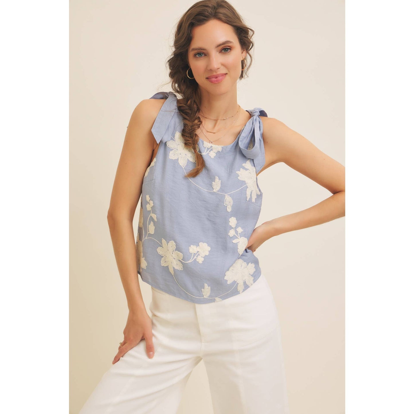 ROMANTIC EMBROIDERY BLOUSE TOP WITH BOW STRAPS