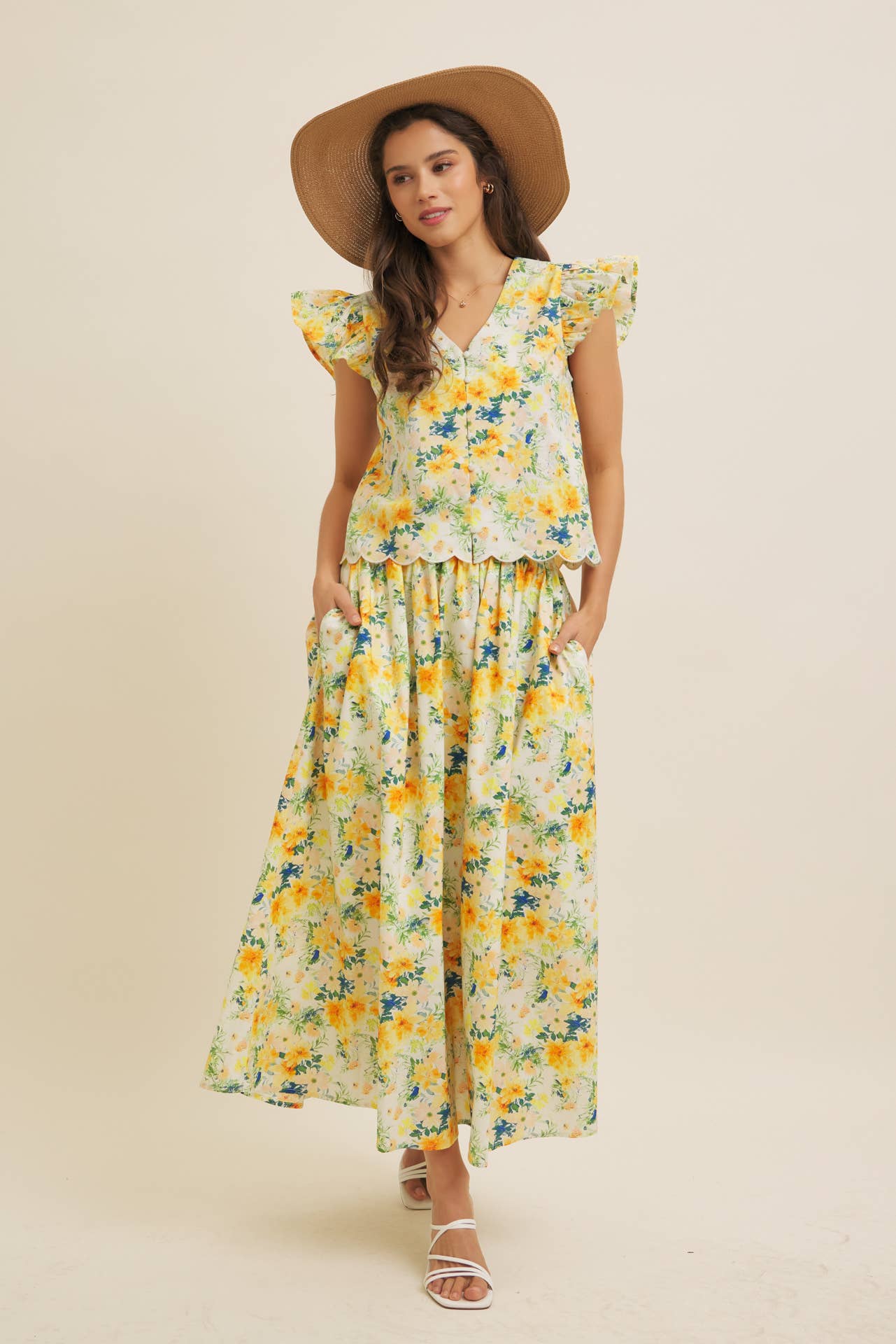 FLORAL MAXI SKIRT WITH POCKETS AND ELASTIC BAND