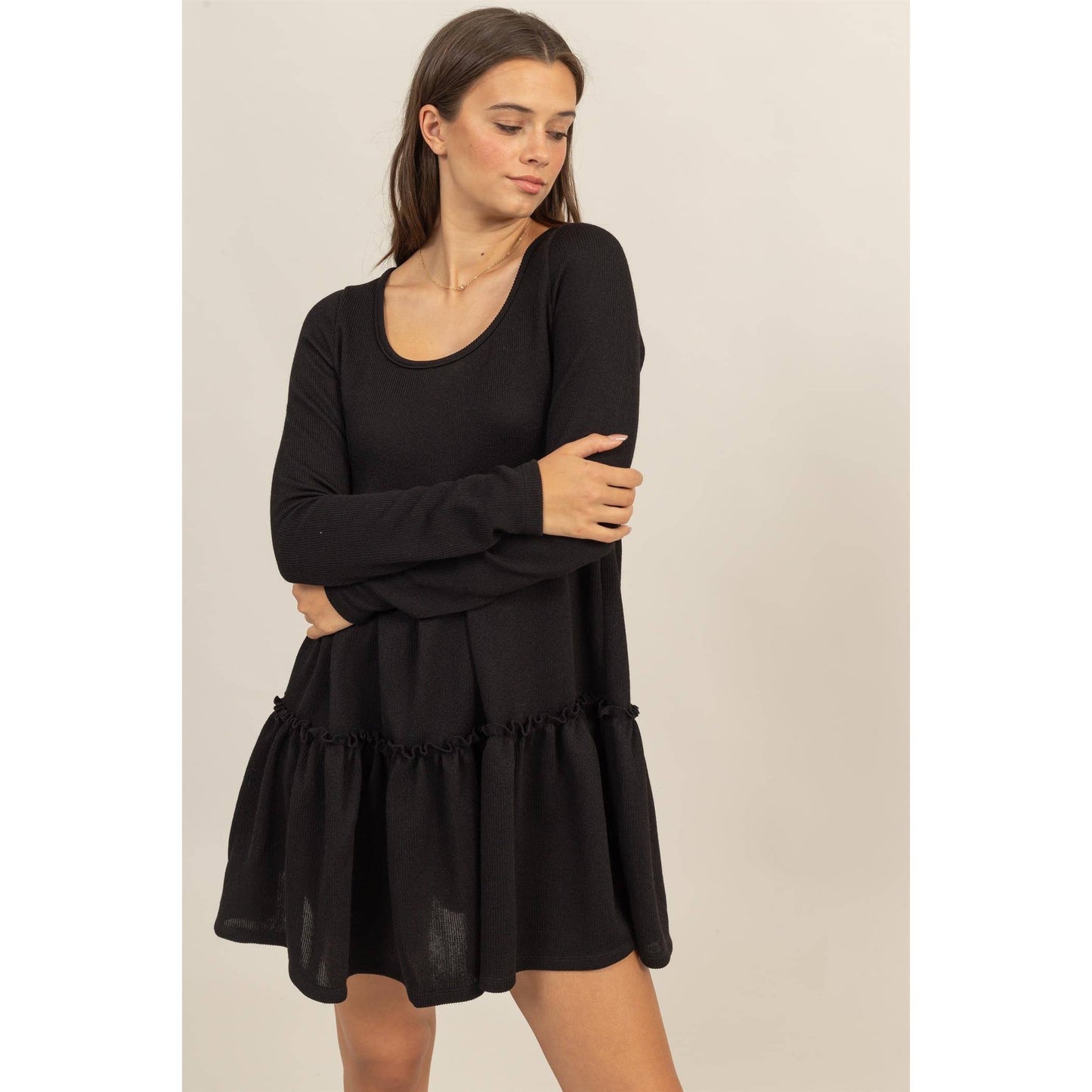 RIB BABYDOLL TIERED MINI DRESS