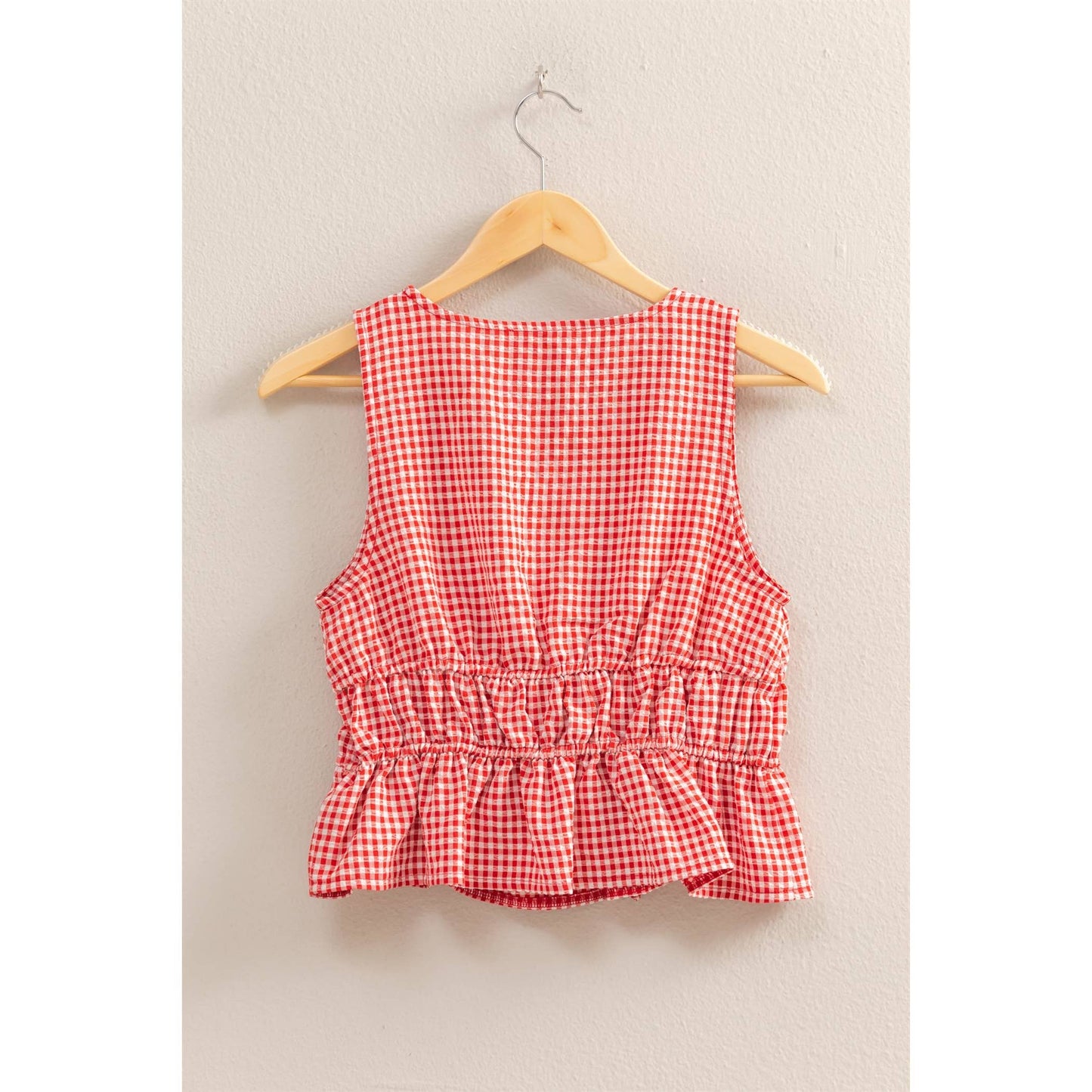 V-Neck Bow Detail Sleeveless Gingham Top