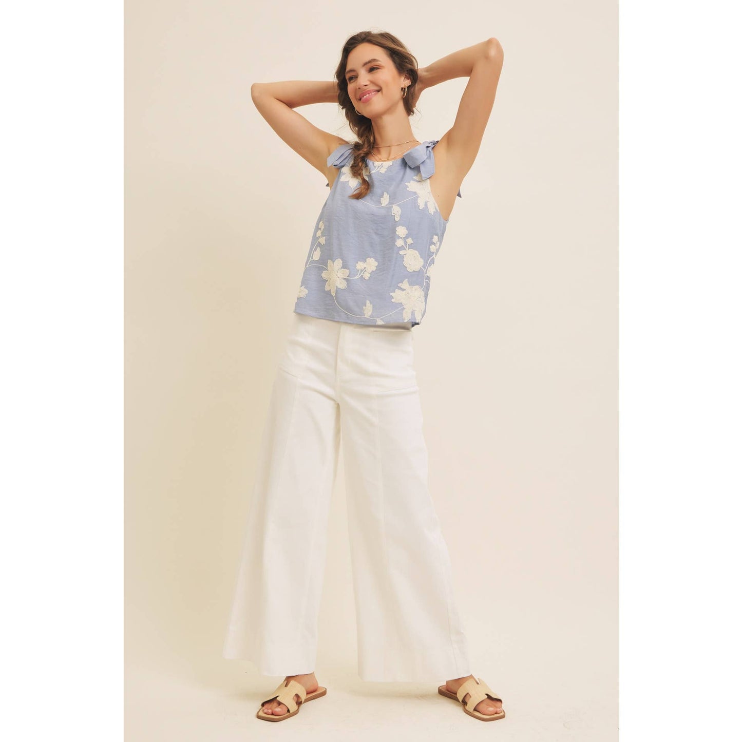 ROMANTIC EMBROIDERY BLOUSE TOP WITH BOW STRAPS