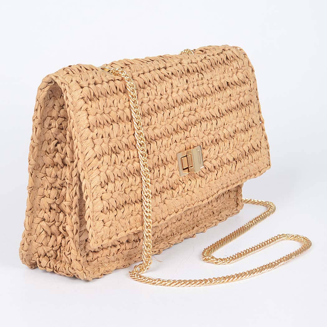 Faux Straw Flap Chain Shoulder Clutch