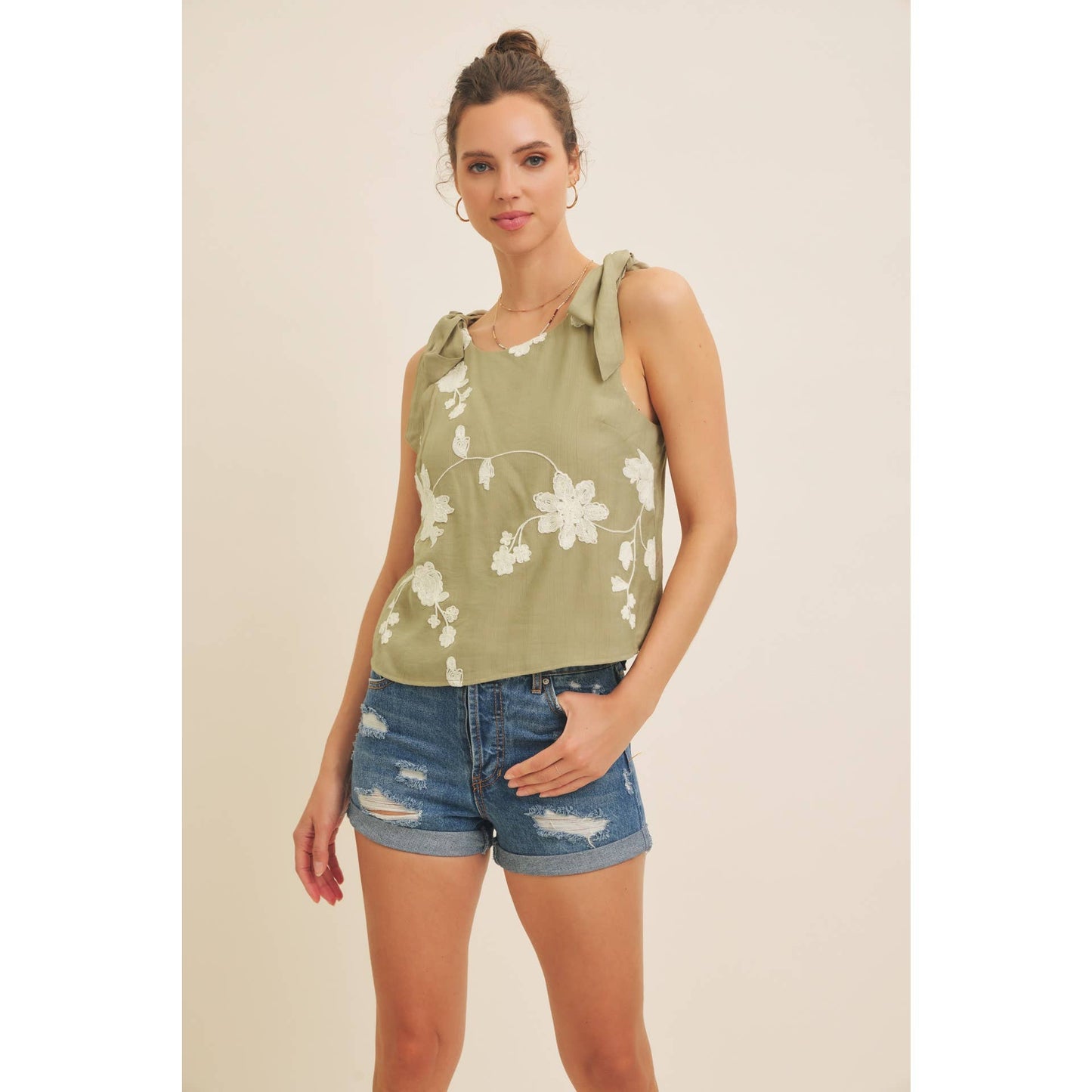 ROMANTIC EMBROIDERY BLOUSE TOP WITH BOW STRAPS