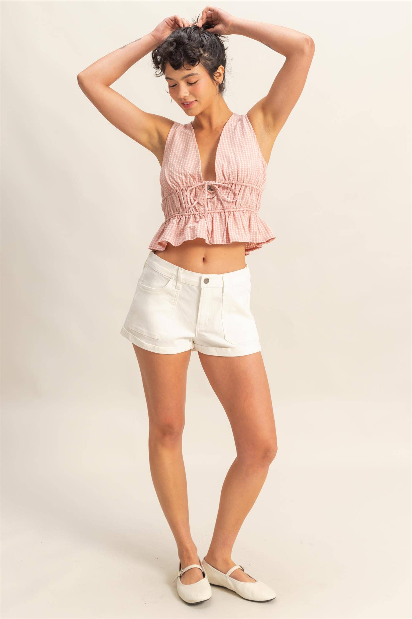 V-Neck Bow Detail Sleeveless Gingham Top