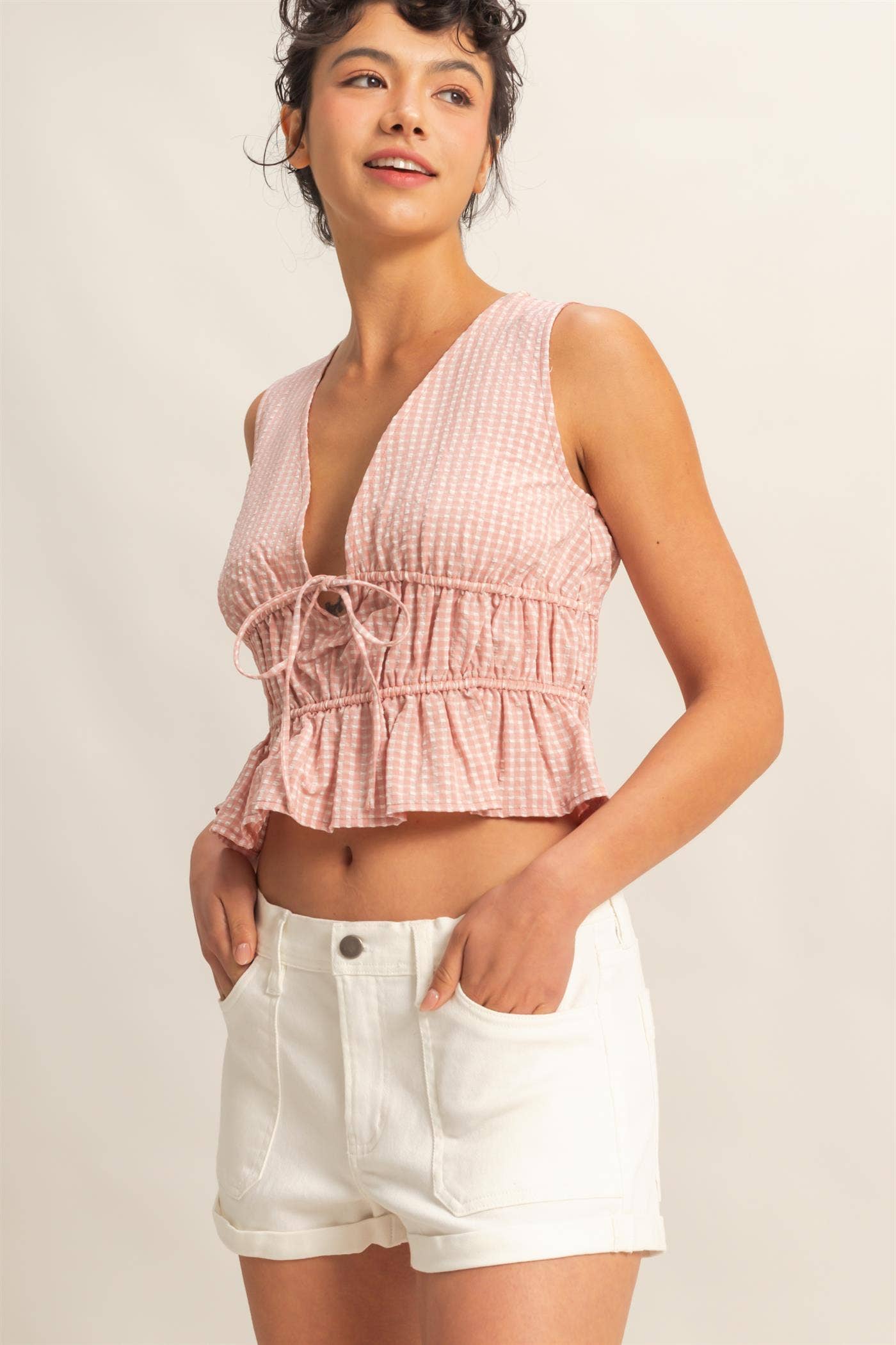 V-Neck Bow Detail Sleeveless Gingham Top