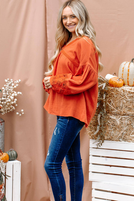 Cotton Gauze Lace Balloon Sleeves Blouse