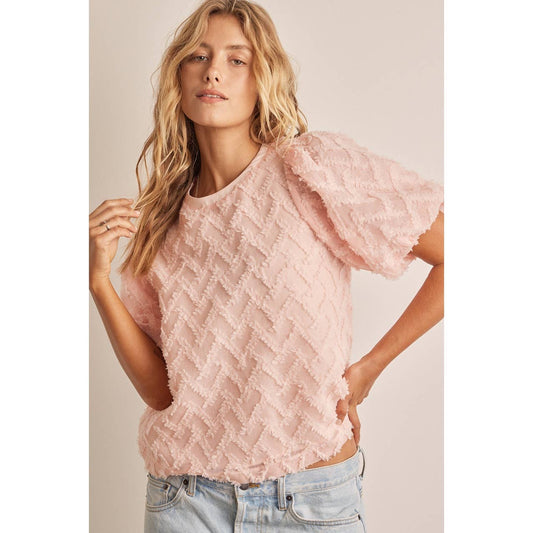 BUBBLE SLEEVE BACK RIBBON FEATHER TEXTURED BLOUSE