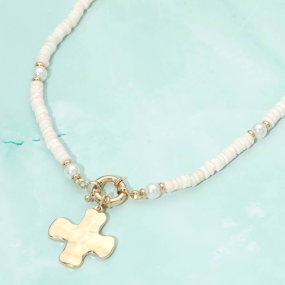 Hammered Metal Cross Charm Pendant Accent Pearl Flat Beaded Necklace