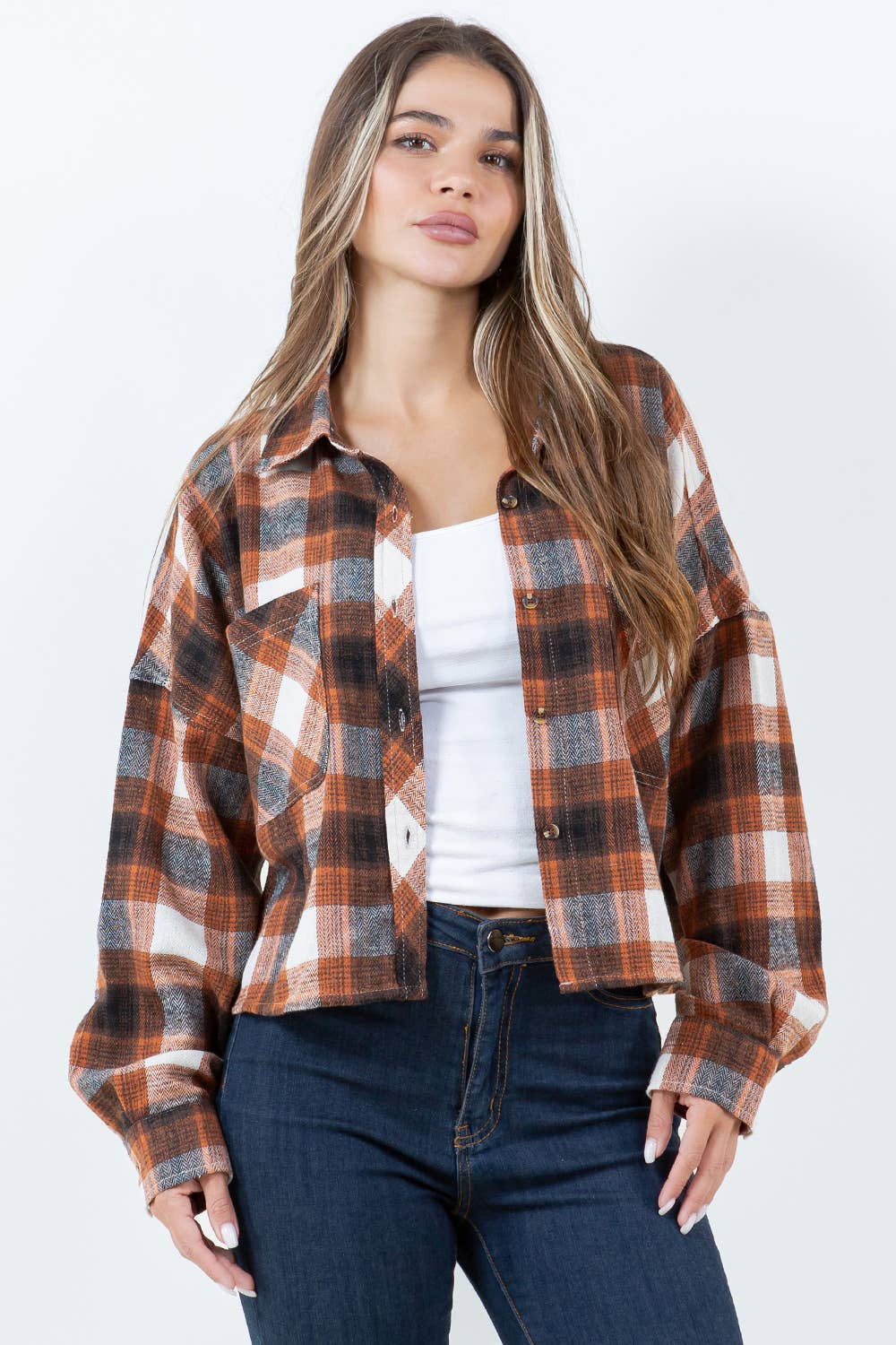 Cropped Boxy Long Sleeve Plaid Shirt