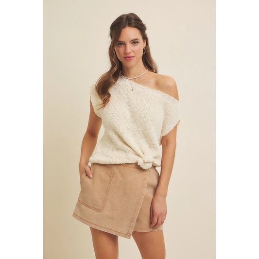 Mineral-Washed Twill Skort with Elastic Waist