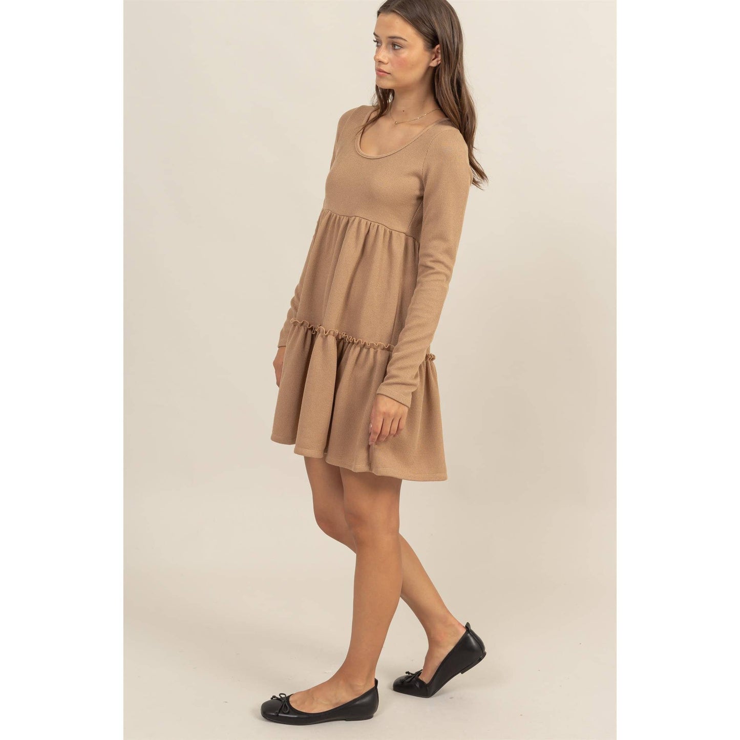 RIB BABYDOLL TIERED MINI DRESS
