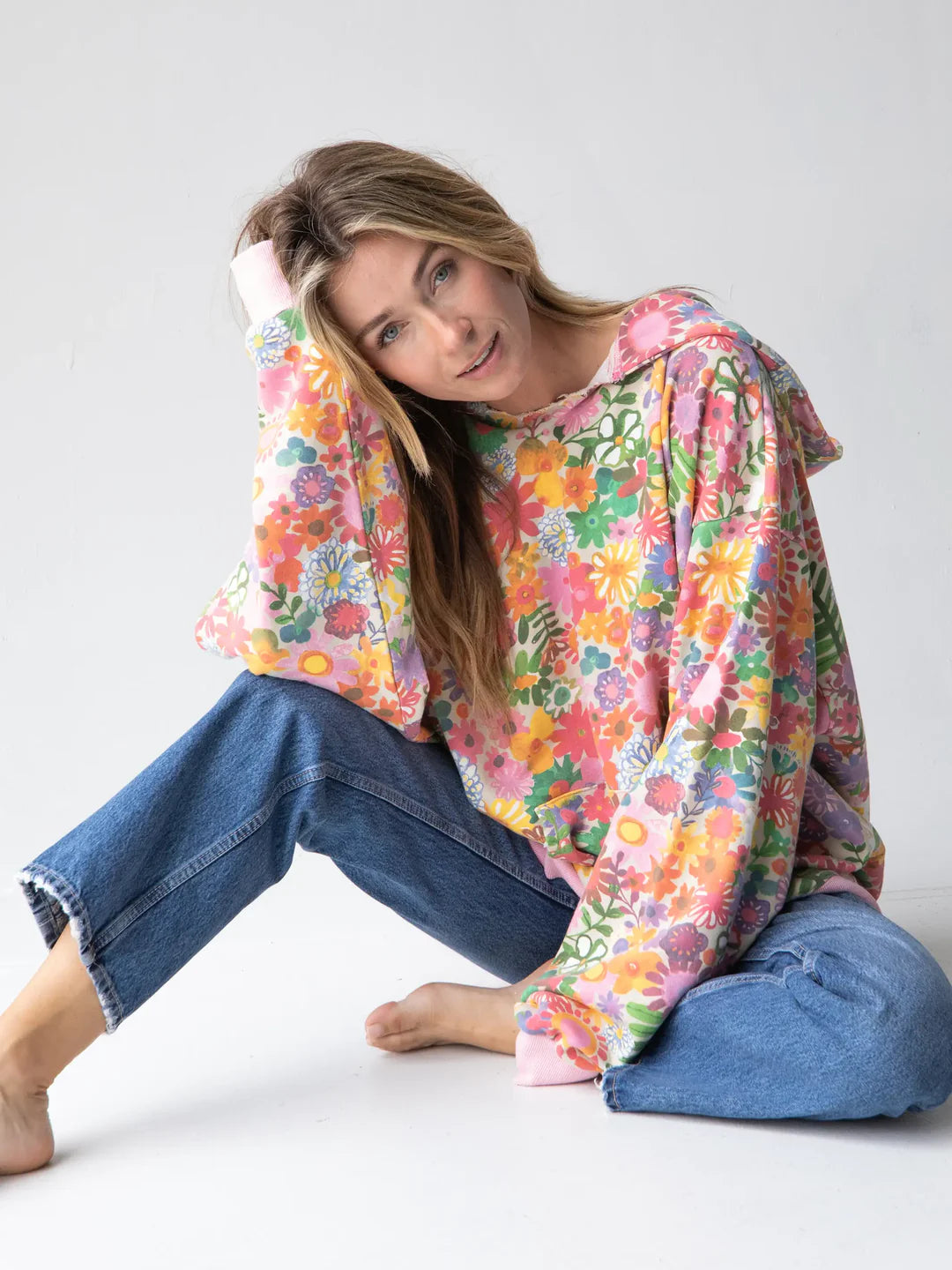 Natural Life Oversized Printed Sweatshirt- Rainbow Floral