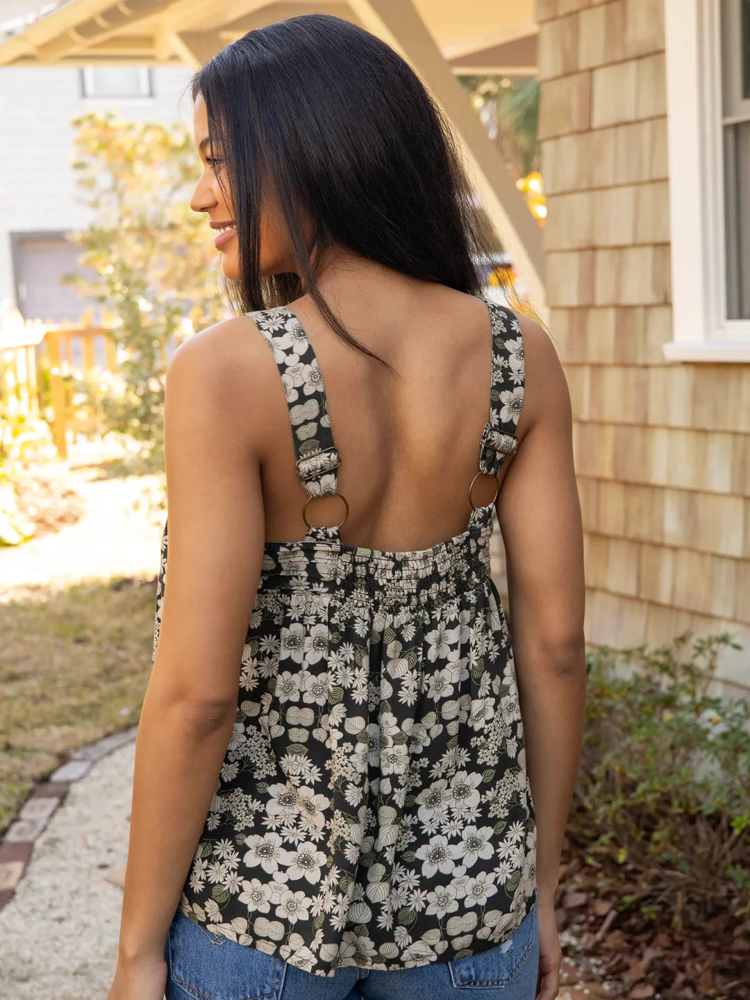 Natural Life Kate Pleated Tank Top-Black White Floral