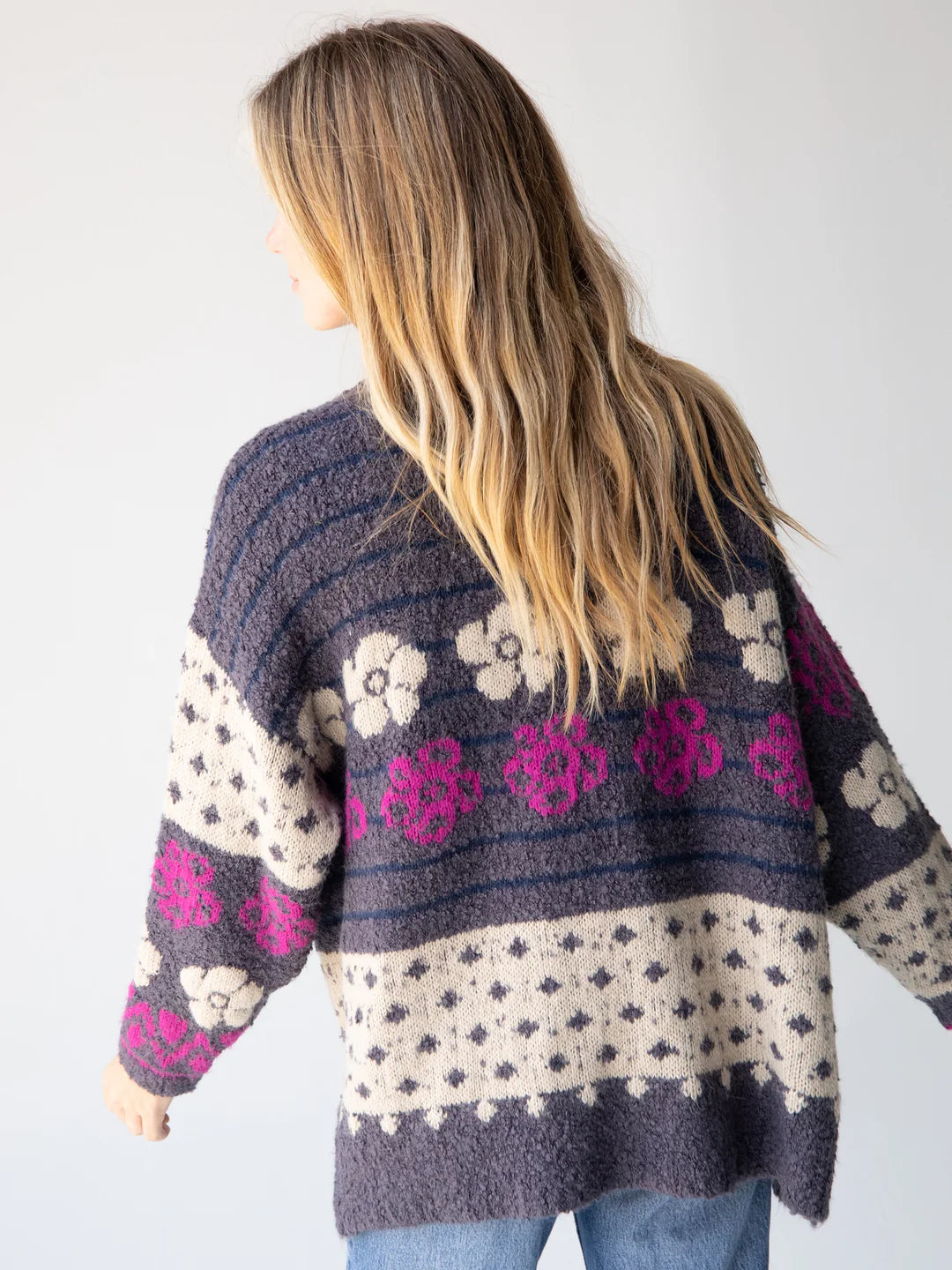 Natural Life Calla Jacquard Cardigan Sweater-Charcoal