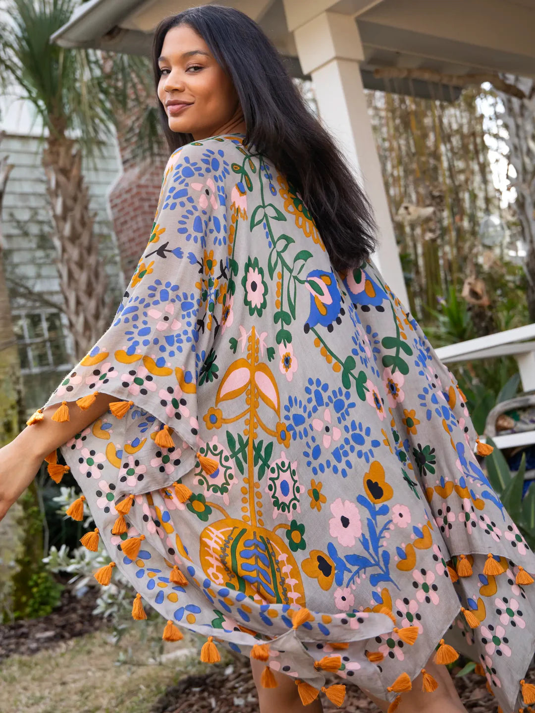 Natural Life Soleil Tassel Kimono-Light Grey Mandala