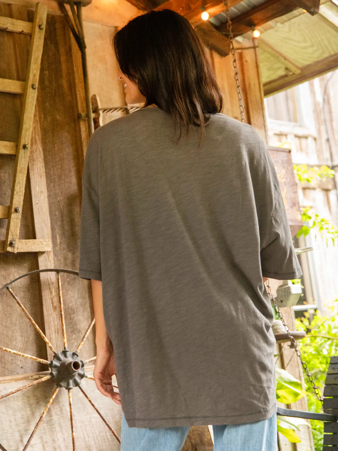 Natural Life One Size Cotton Easy V-Neck Tee-Charcoal Flowers