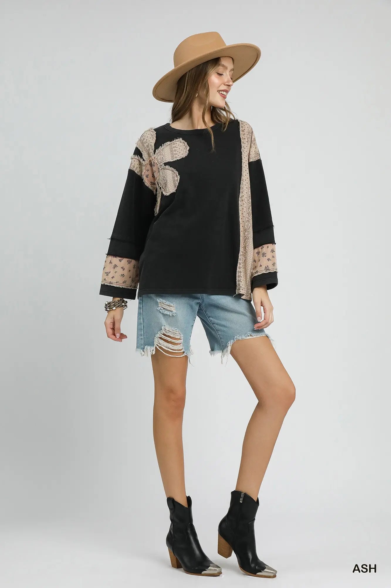 Umgee French Terry Patchwork Sleeve Pullover