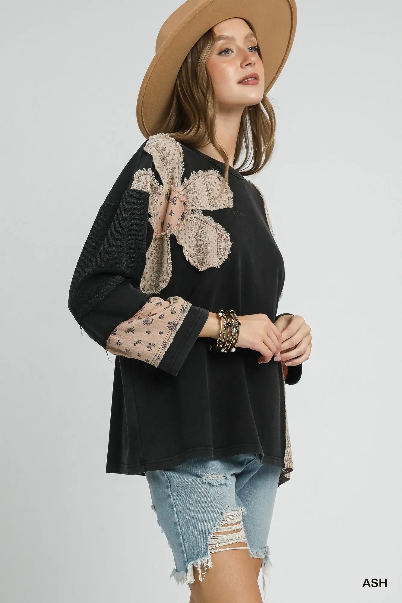 Umgee French Terry Patchwork Sleeve Pullover