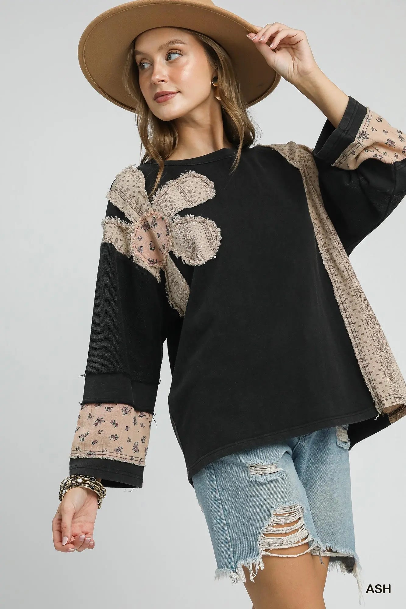 Umgee French Terry Patchwork Sleeve Pullover