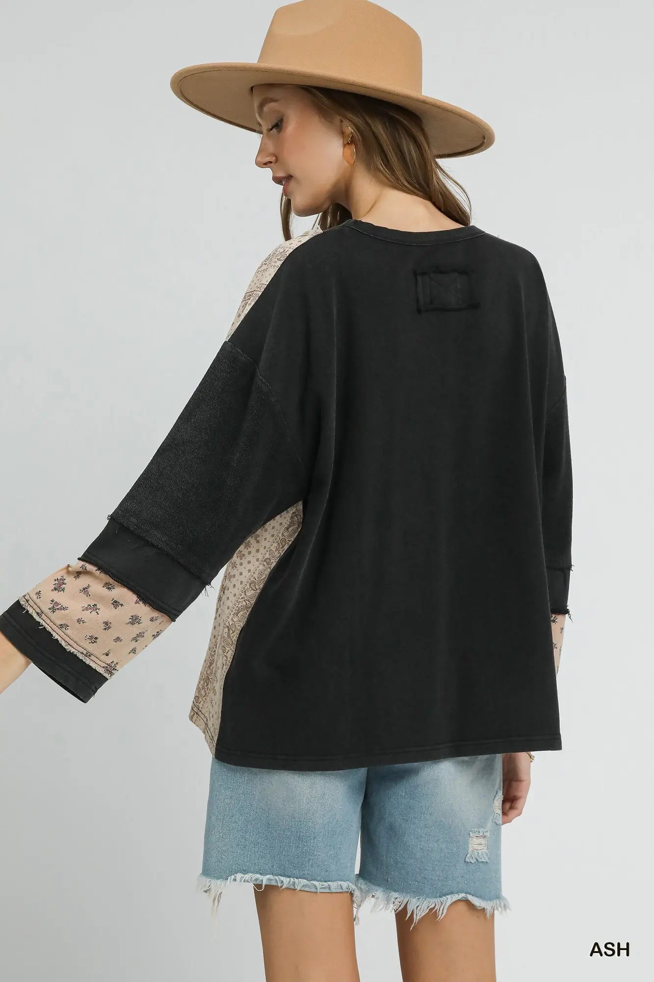 Umgee French Terry Patchwork Sleeve Pullover