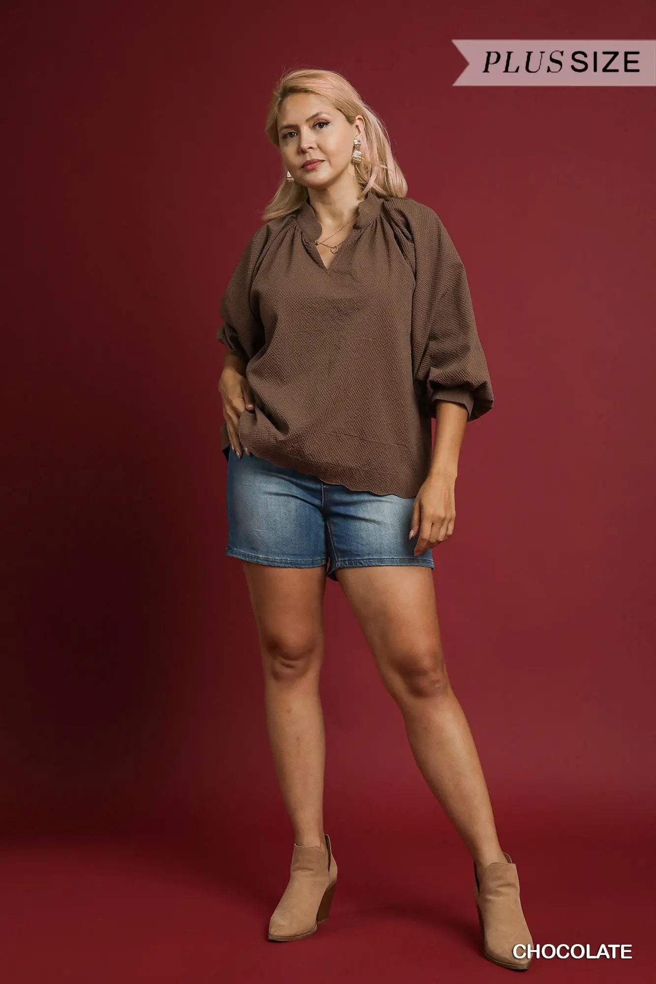 Umgee Textured Scallop Hem Blouse